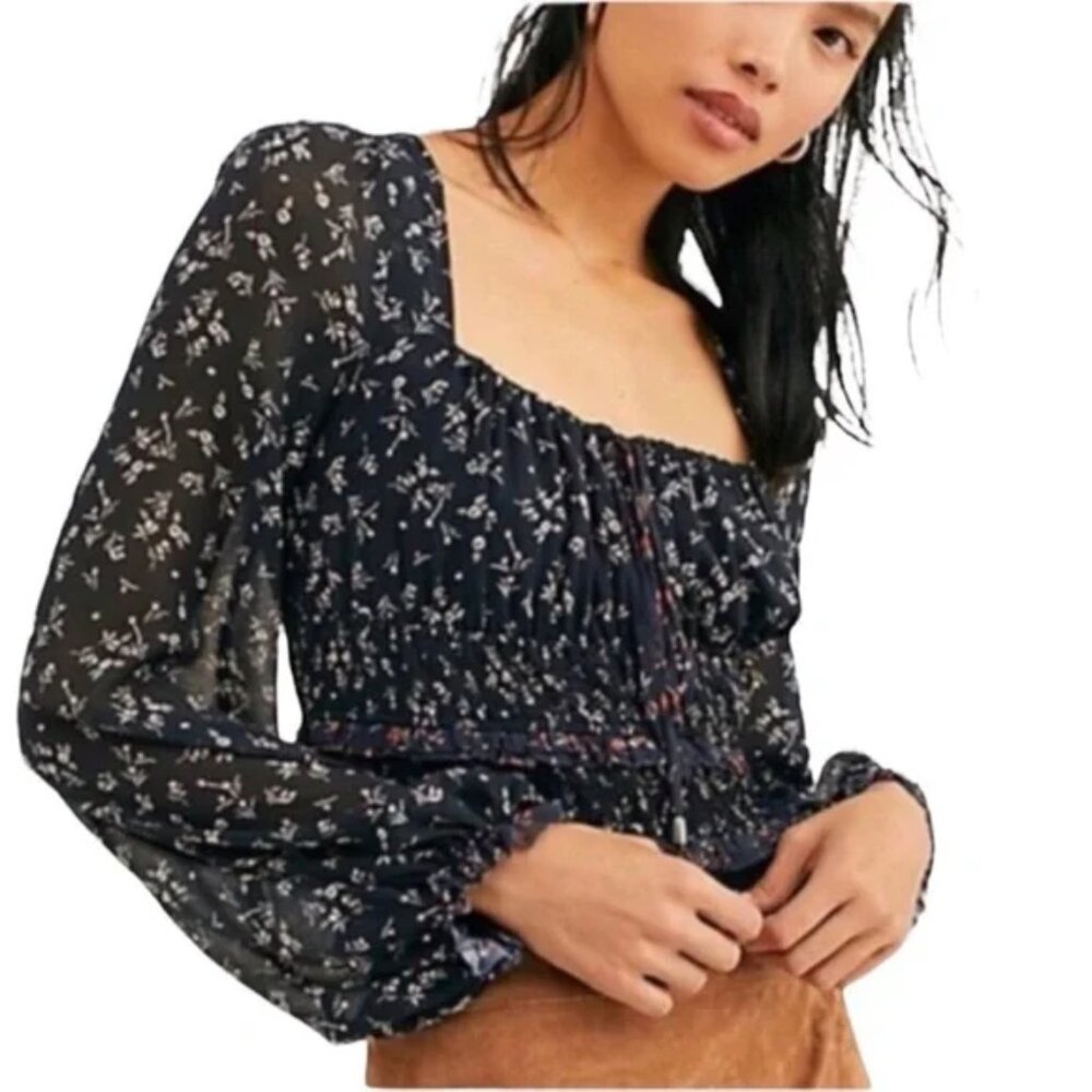 Free People Navy Floral Square-Neck Smocked Blouse